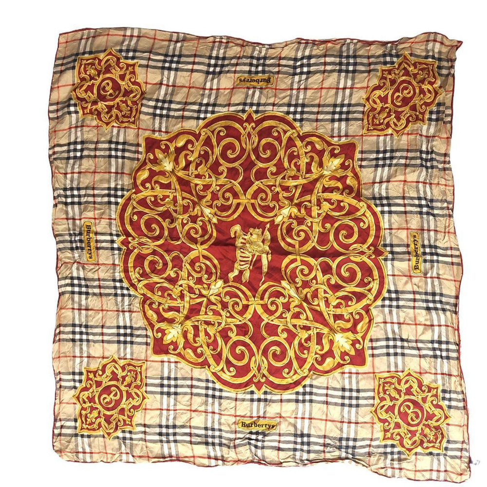 Vintage Burberry Prorsum Print Gold Red Tan Silk Scarf Stole Scarves